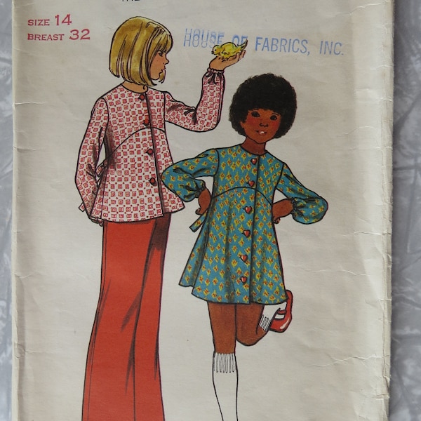 Vintage Butterick 3496 Girls Hip Mod Mini Dress or Tunic Top & Flared leg Pants  Size 14 B 32 P. Cut Complete Sewing Pattern 1970's