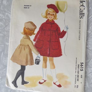 1960s McCall's 5615 Lined Single Breasted Button Front Yoked Coat & Circle Hat Girls Size 4 Br 23 UNCUT Ff  Vintage Sewing Pattern Helen Lee