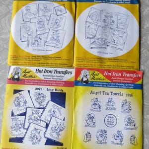 New Aunt Martha's Hot Iron Transfers Embroidery U Pick: 3733 Kitten, 3748 Puppy, 3956 Angel Tea Towels or 3971 Love Birds Days of the Week