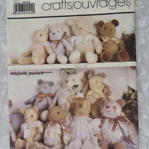 May include: Simplicity pattern 7826 for making stuffed bears in three sizes. The pattern cover features several finished teddy bears in various colors and outfits, including a bear wearing a lace collar.