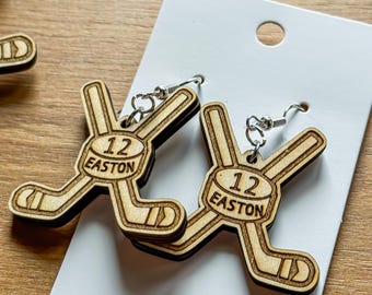 Personalized Hockey Earrings - Custom Hockey Mom Gift - Lightweight Wood