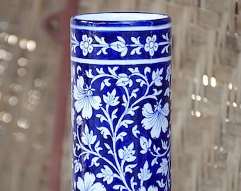 Handmade Blue Pottery Floral Cylindrical Vase/ Flower Pot/ Decorative vase/ Ceramic Vase/ Floral vase/ Home Decor - 8 Inch