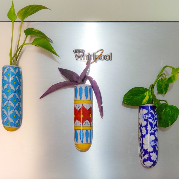Magnetic Hydroponic Planter, Blue Pottery Hand Painted Planters ,Refrigerator Mount Fridge Mount Planter, Organic Planter, Fridge Magnet