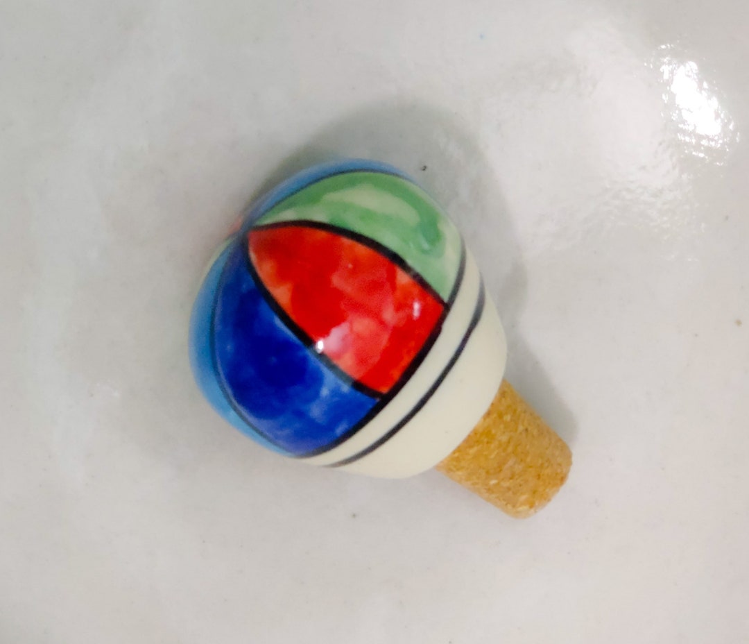 Ceramic Wine Bottle Stopper/ Handpainted Beach Ball Design Vintage