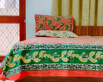 Hand Block Print King Size Red Floral Bedsheet Set with Pillow Covers, 100% Organic Cotton Bedsheet, Double Bedding Set/Floral Bedspread,