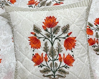 Hand Block Quilted Print Floral Design Cotton Cushion/Pillow Covers 16x16", Room decor, Gift