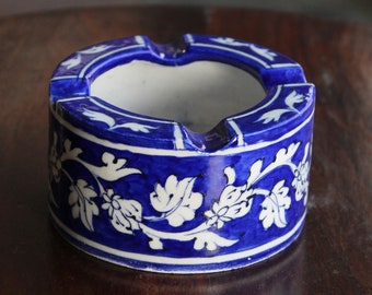 Handpainted Blue Pottery Blue and White Floral Motif Ashtray