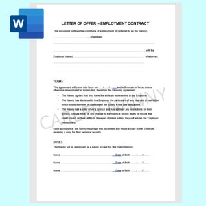 Nanny Contract; Digital Download; Microsoft Word; Nanny and Family Agreement; Simple Printable;  Nanny Form; Babysitter Form; Nanny Share