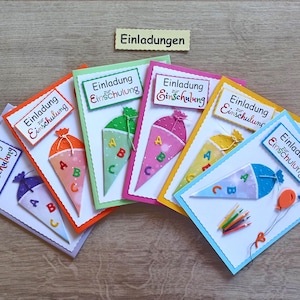 Einladungskarten zur Einschulung, personalisierbar, Schulanfang, Schuleinführung, verschiedene Farben