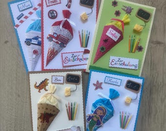 Karte zur Einschulung, Schulanfang (Sort. 4), 3D, personalisierbar, verschiedene Motive, Geld/Gutschein/Geschenk-Karte