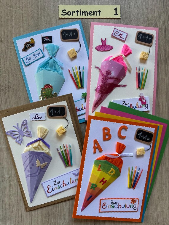 Karte zur Einschulung, 3D, Schulanfang (Sort. 1), personalisierbar, verschiedene Motive, Geld/Geschenk/Gutschein-Karte