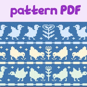 May include: A knitting pattern featuring a repeating design of birds and flowers. The pattern is in blue, light blue, yellow, pink, and white.