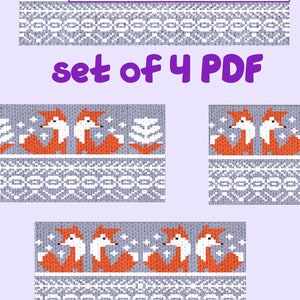 Fair isle cute fox knitting pattern, Scandinavian stranded knit animals woodland, set of 4 charts
