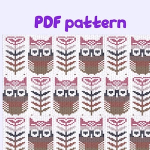 May include: A digital cross stitch pattern featuring a repeating pattern of owls with pink, brown, and gray details. The owls are surrounded by stylized leaves.