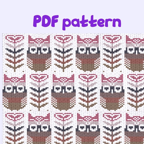 Owl stranded knitting pattern for sweater or hat, easy Fair isle chart 34 by 76 rapport, Set of five PDF patterns