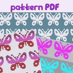 Może przedstawiać: Cyfrowy wzór PDF do pobrania do dziergania koca z motywem motyla. Wzór zawiera pięć różnych wzorów motyli w różnych kolorach, w tym różowym, niebieskim, żółtym i białym.