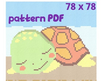 Turtle blanket crochet pattern for kid, corner to corner throw, mini c2c2 afghan, sc and hdc tapestry 78 by 78 blocks