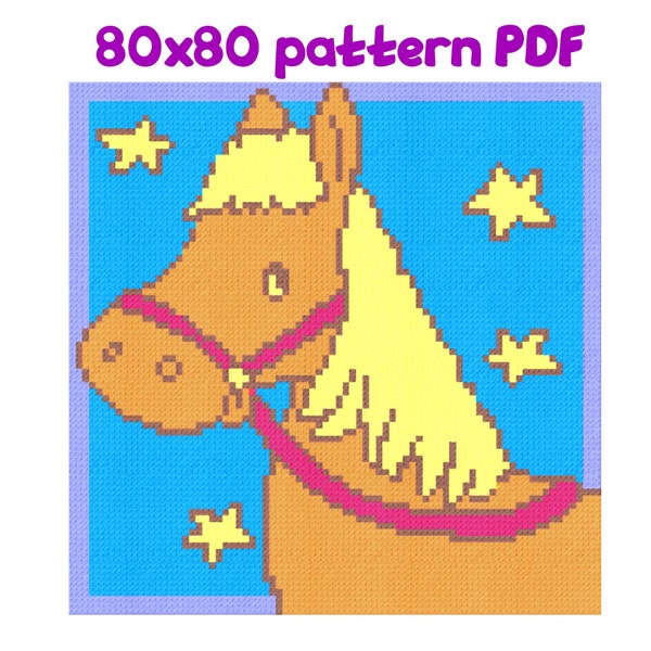 Corner to corner crochet baby blanket horse pattern for kids _ Blocks 80 x 80_ c2c, mini c2c, sc, hdc