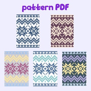 Peut inclure: Cinq motifs de tricot différents avec un motif de flocon de neige. Les motifs sont de différentes couleurs, notamment le bleu, le rouge, le jaune et le vert.