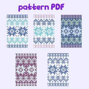 May include: Five colorful knit patterns in shades of blue, purple, and green, with white accents. Each pattern features geometric shapes and a repeating border. The text "pattern PDF" is in purple script at the top.