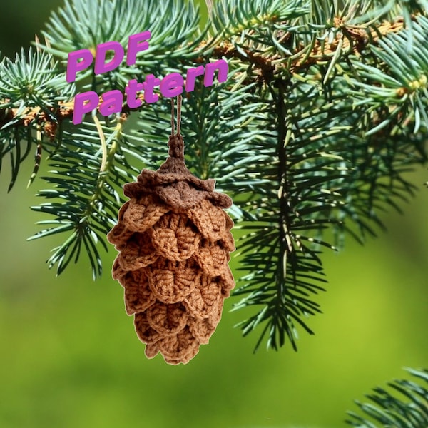 Patrón de crochet de cono de pino, adornos navideños, decoraciones navideñas en el bosque_Descargar PDF