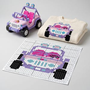 May include: A light pink and purple toy jeep with black tyres and a matching sweater featuring a jeep design. A pattern for the jeep design is also included. The jeep has a roll cage and two pink seats.