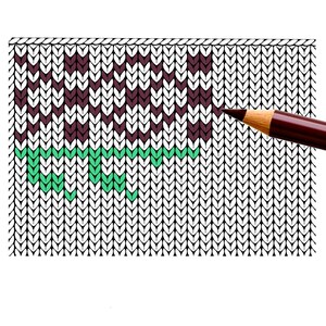 May include: A close-up of a knitted pattern with the word "knit" in dark brown and green. A brown coloured pencil is positioned on the right side of the image, touching the pattern. The background is white.