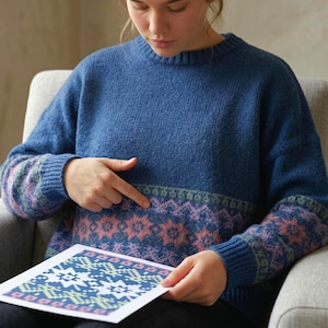 May include: A blue jumper with a patterned design in shades of pink, green, and purple. The jumper has a crew neck and long sleeves. The person is pointing at a matching pattern on a piece of paper.