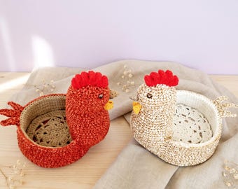 Patrón fácil de cesta de gallina de ganchillo para Pascua, soporte de gallina de amigurumi para huevos