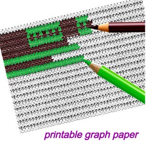 May include: A close-up of a sheet of printable graph paper with a brown and green design being colored with a brown and green colored pencil. The text "printable graph paper" is at the bottom of the image.