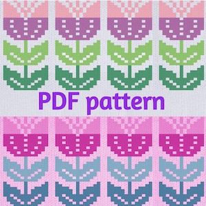 Puede incluir: Un patrón de tejido para un diseño de flores de colores. El patrón presenta flores rosas, moradas, verdes y azules sobre un fondo blanco. El texto "PDF pattern" se muestra en el centro de la imagen.