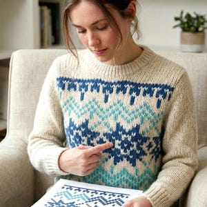 May include: A cream-coloured jumper with a blue and teal geometric pattern. The jumper has a crew neck and long sleeves. The design features a repeating zig-zag and starburst pattern. The person is pointing at the jumper.