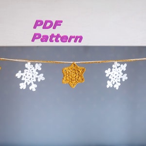 Crochet pattern Christmas garland, snowflake and star ornaments, wall hanging pattern Christmas decor