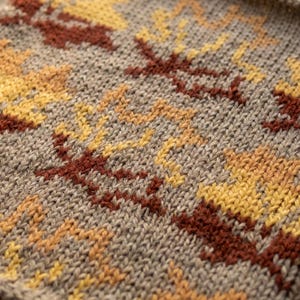 Può includere: Un tessuto a maglia con un motivo ripetuto di foglie autunnali nei toni del giallo, arancione e marrone scuro. La base del tessuto è un filato grigio mélange, che crea una superficie strutturata con maglie intrecciate visibili.