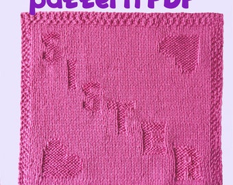 Valentine washcloth knitting pattern, square knit  pattern easy to work gift for your sister