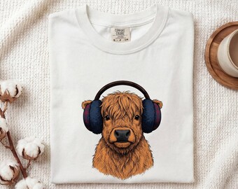 Highland Cattle Shirt Animals Audio Gift Women Line Art Tee Cow T-Shirt Animal Fan Minimalist Tshirt Sound Graphic Cartoon Headset Tshirt