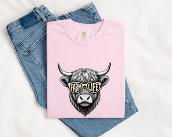 Highland Cattle Shirt Farm Animal Agriculture Gift Women Line Art Tee Cow T-Shirt Livestock Enthusiast Cattle Graphic Tshirt Cartoon Sun