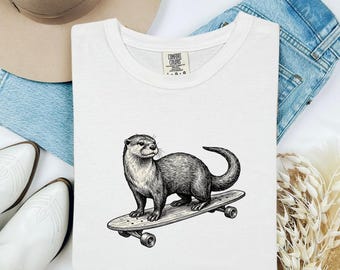Otter Skateboard Shirt Animals Sports Gift Women Hand Drawn Tee Otterboard T-Shirt Wildlife Enthusiast Illustrated Tshirt Extreme Graphic