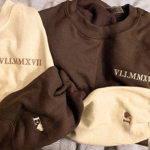 Embroidered Roman Numeral Matching Hoodie, Custom Anniversary Date Couple Hoodies, Custom Initials With Heart Sleeve Jumper, Boyfriend Gift