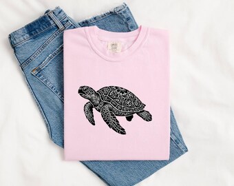 Sea Turtle Shirt Animals & Flowers Beach Gift Women Aztec Tee Turtle T-Shirt Wildlife Fan Tribal Tshirt Coastal Graphic Rustic Blossom