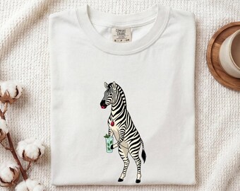 Zebra Cocktail Shirt Animals Safari Gift Women Cartoon Tee Cocktail T-Shirt Wildlife Fan Funny Tshirt Adventure Graphic Hand Drawn Necklace
