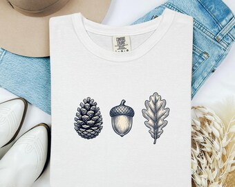 Pine Cone Acorn Leaf Shirt Nature Green Space Gift Women Sketch Tee Forest Floor T-Shirt Outdoors Enthusiast Drawing Design Line Art Oak