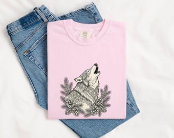Wolf Art Shirt Animals Wildlife Gift Women Tribal Tee Canine T-Shirt Creature Fan Wolfish Tshirt Wildlife Graphic Doodle Cones Tshirt