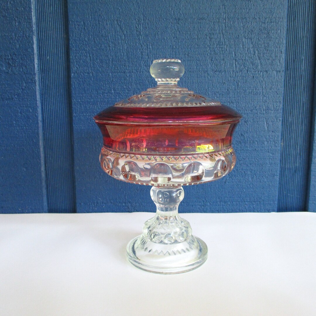 Vintage 7.25h Pedestal Bowl With Lid,king's Crown Ruby Red Thumbprint
