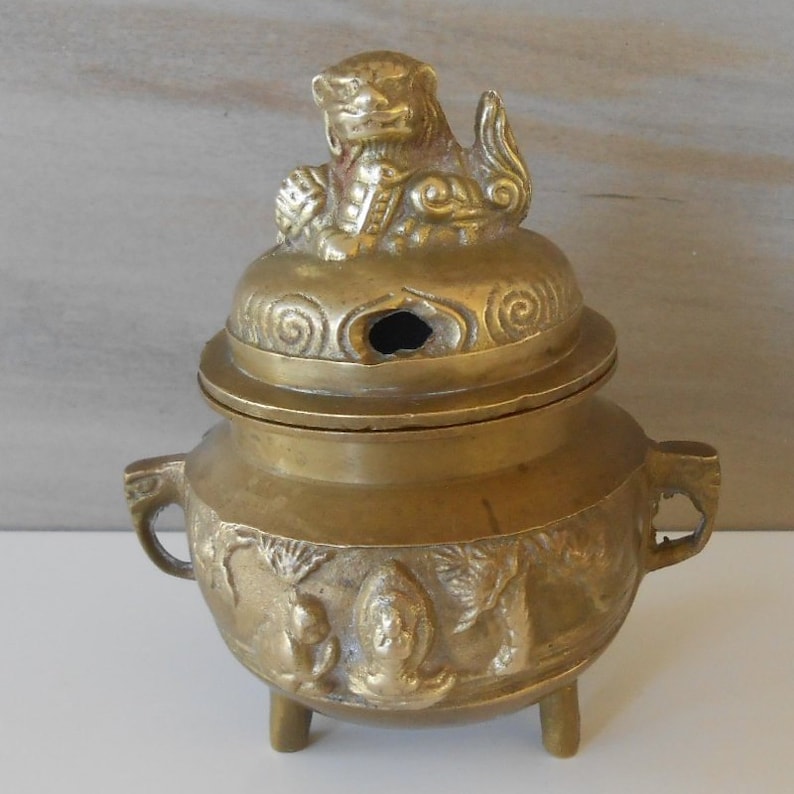 Vintage Engrave Brass Incense Burner with Foo Dog,Footed Brass Incense Burner Heavy brass Incense Holder,Potpourri Scents Pot,4Tall