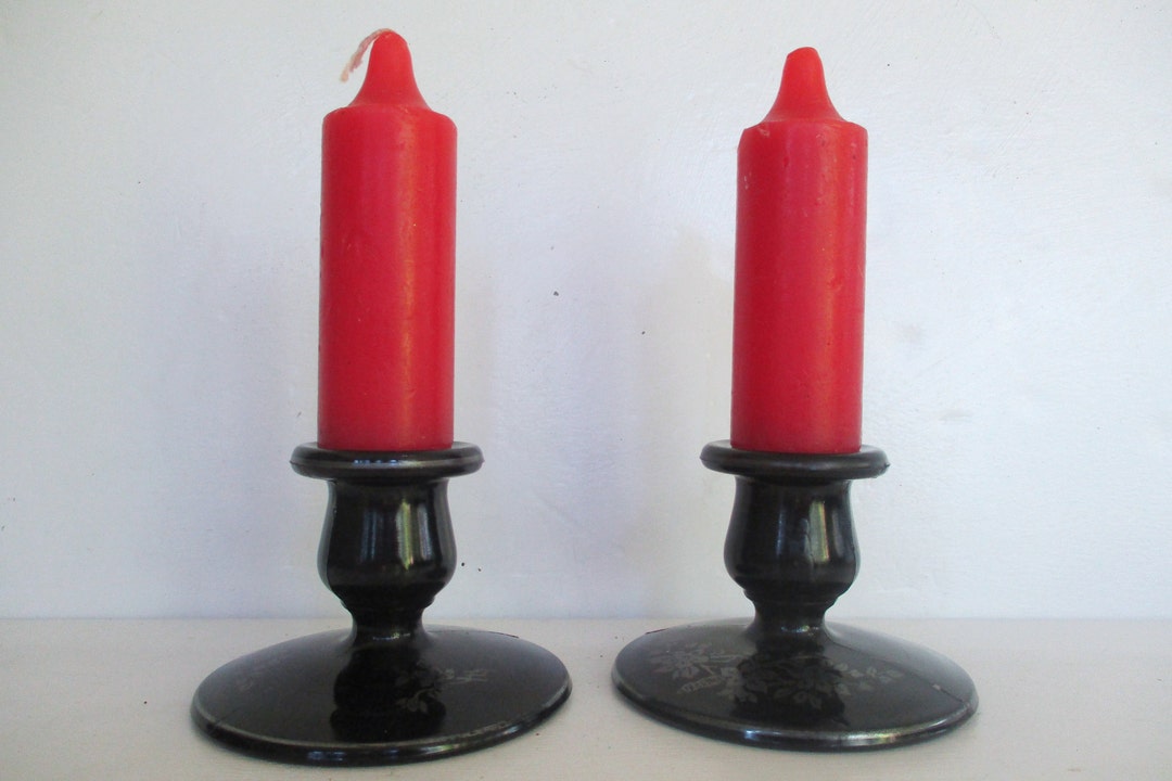 Vintage Black Glass Candlesticks,2.5 H Black Candle Holder With Painted