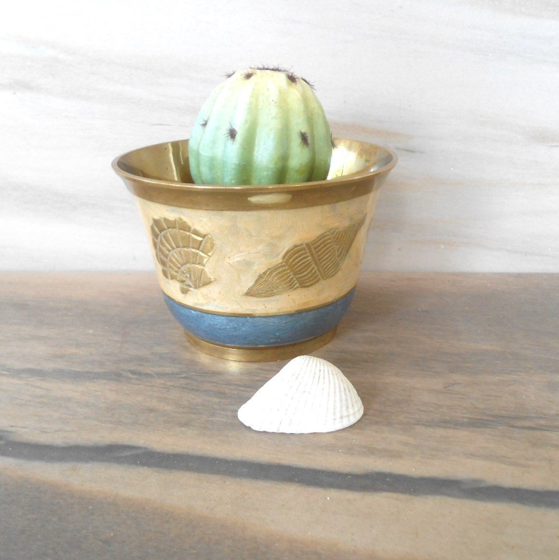 Vintage Small Seashell Embossed Brass Planter Container Tarnished Clearly  Showing Its Age 