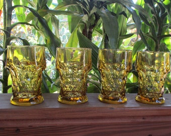 Vintage 4 Yellow Glass Beverages Tumblers,Georgian Honeycomb Heavy Glasses,14 oz Yellow Glasses,Beer,Water Glasses 5.25" Tall