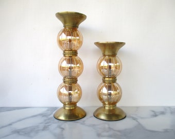 Vintage 2 brass and luster glass candlesticks,Glass balls and pedestal brass candle holders,/11.25" and 8.25" H/