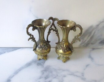 Pair of Vintage 2 ornate brass footed vases 5" H Made in Italy flower vases small vases